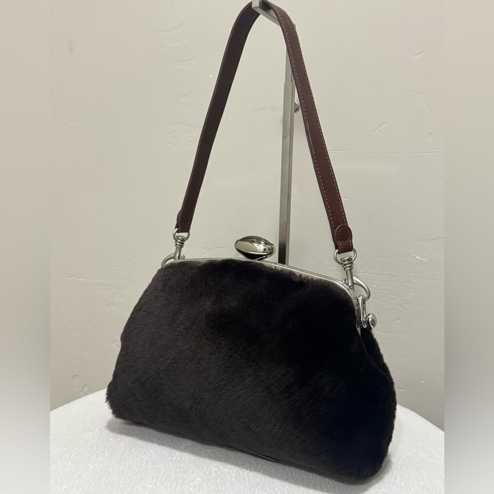 Real Shearling Leather Handmade Push Lock Frame Shoulder Bag, Crossbody